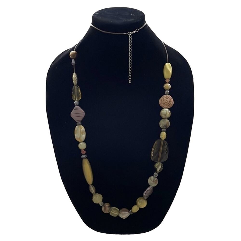 Classic Gorgeous Long Beaded Necklace on Cord Adjustable Olive Green Brown Beads
